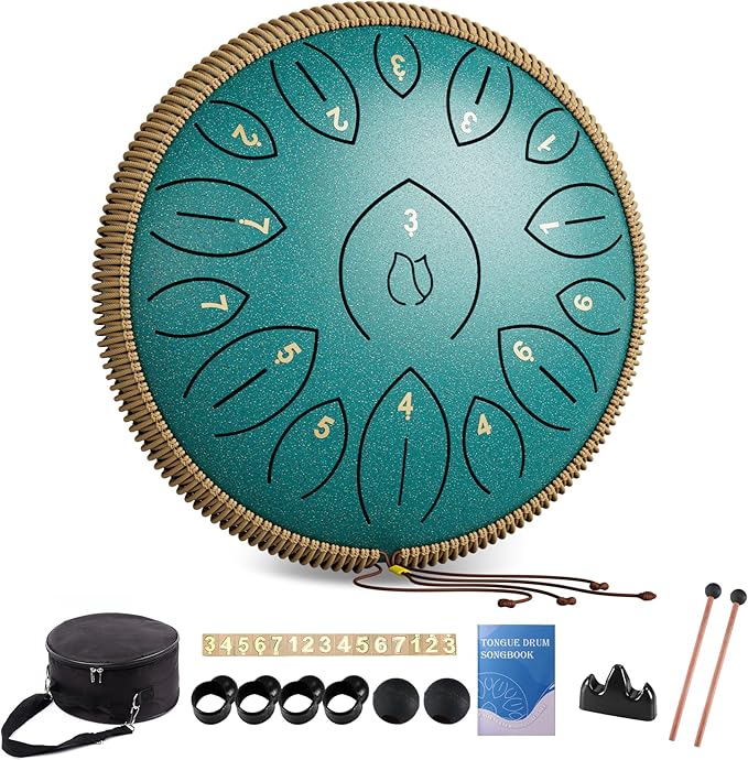 Steel Tongue Drum 12 Inch 15 Notes, Steel Drums Instruments for Kids Adults, Hand Pan Drum with Music Book, Drum Mallets and Carry Bag, Handpan C Major, Malachite Green - Bloomnest