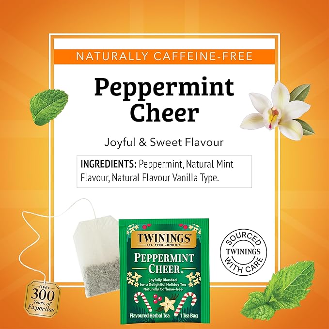 Twinings Peppermint Cheer Herbal Tea Individually Wrapped Bags, 20 Count (Pack of 1), Peppermint & Vanilla, Naturally Caffeine-Free, Enjoy Hot or Iced, 20 Teabags - Bloomnest