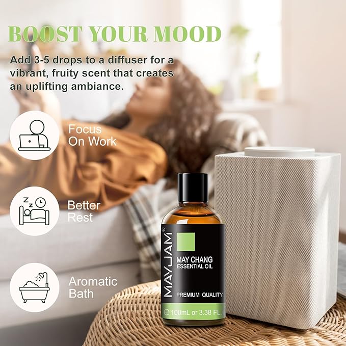 MAYJAM May Chang (Litsea Cubeba) Essential Oils 3.38 FL.OZ Pure May Chang Oil for Massage Skin Care Hair Care Diffuser Candle and Soap Making - 100ml - Bloomnest