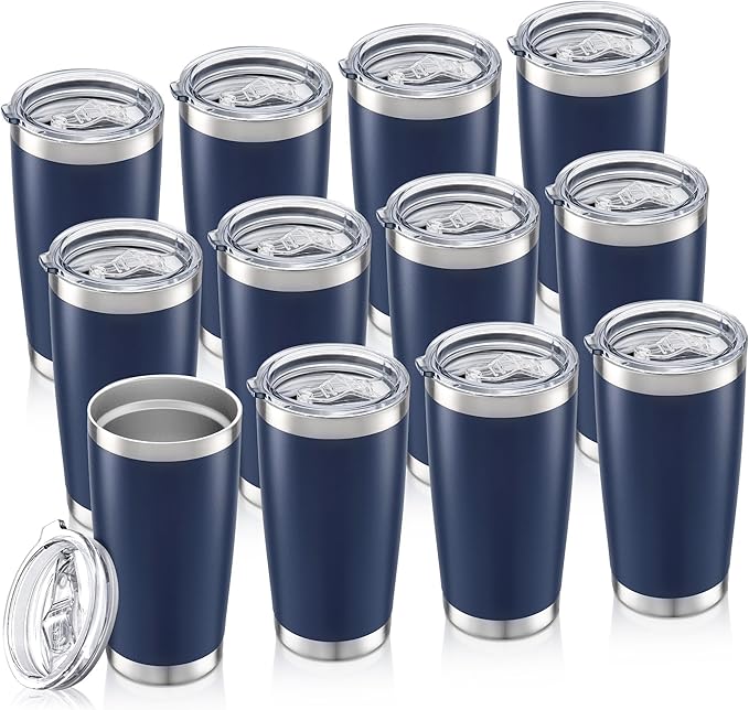 20 oz Tumbler Bulk with Lid Stainless Steel Insulated Tumblers Double Wall Vacuum Coffee Mug Powder Coated Tumbler Cups for Cold and Hot Drinks, Navy, 12 pack