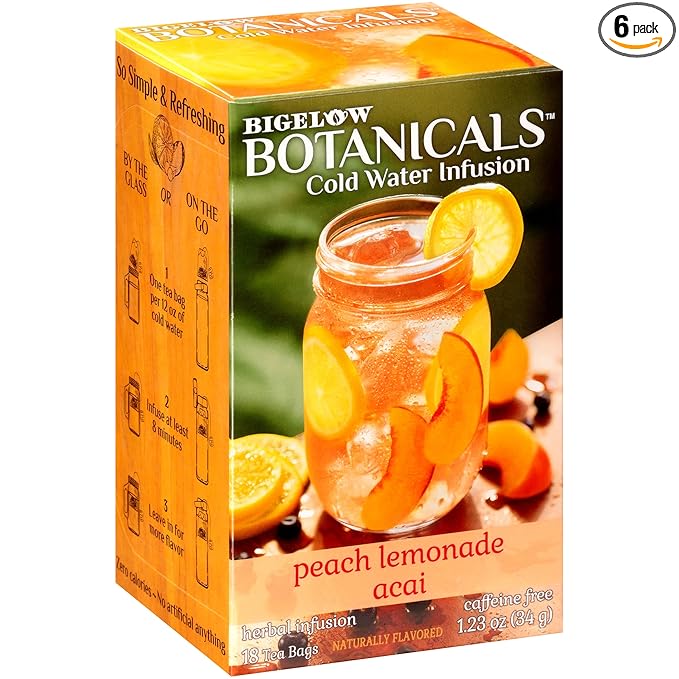 Bigelow Botanicals Cold Water Infusion Peach Lemonade with Acai, Caffeine Free Herbal Tea with Peach and Lemonade Flavor, 18 Count Box (Pack of 6), 108 Total Tea Bags - Bloomnest