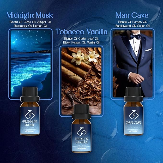 ARVIDSSON Cologne Fragrance Oils Set, Essential Oils for Diffuser | Deep Ocean, Cologne, Amber Oud, Tobacco Vanilla, Man Cave, Midnight Musk, Diffuser Oil Scents for Candle Making, Soap Making - Bloomnest