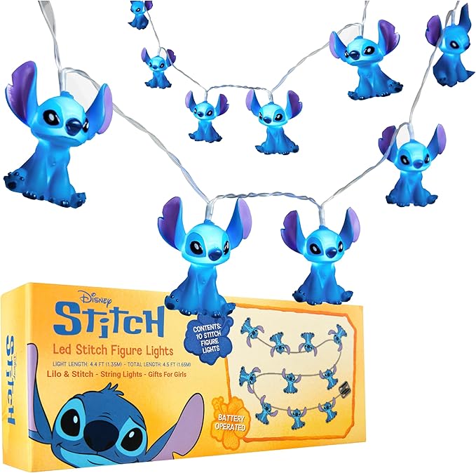 Disney Stitch LED String Lights for Kids, Teens, Adults, 10 Battery Operated Indoor 59” Fairy Lights, Room Decor Lighting, Gifts for Kids (Blue Stitch) - Bloomnest