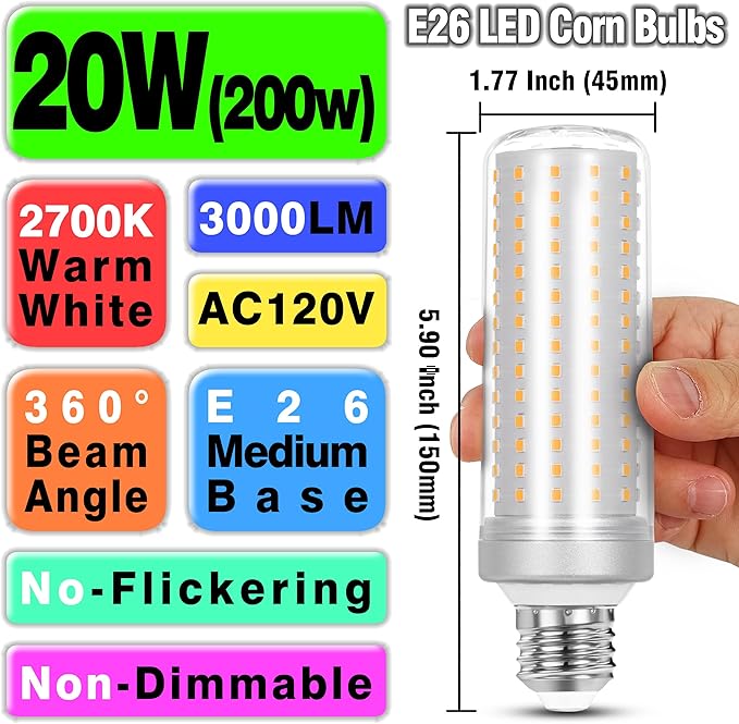 Big 1.77x 5.9 inch E26 Medium Base 200w Replacement LED Corn Bulbs, 2700K Warm White,3000 Lumen E26 E27 20W LED Candelabra Ceiling Fan Light Bulbs for Home Garage Warehouse Indoor, Non-dimmable,4 Pack - Bloomnest