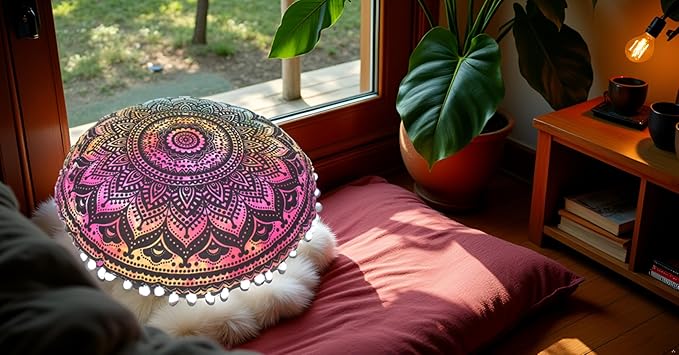 CRAFT KALA Boho Large Floor Pillow Pouf Cover Mandala Meditation Room Pillow Cover for Adults Round Bohemian Seating Pouf Cushion Cover for Kids Playroom 22" Multi Ombre - Bloomnest
