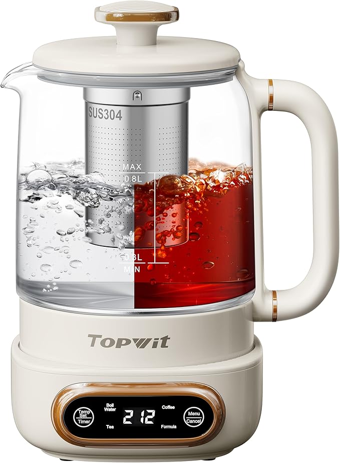 Topwit Electric Tea Kettle, 11 Temperature Control & 4 Presets Glass Kettle with Removable Infuser, 0.8L Electric Kettle for Coffee, Formula, Tea Maker with 8H Keep Warm, Boil-dry Protect, Beige - Bloomnest