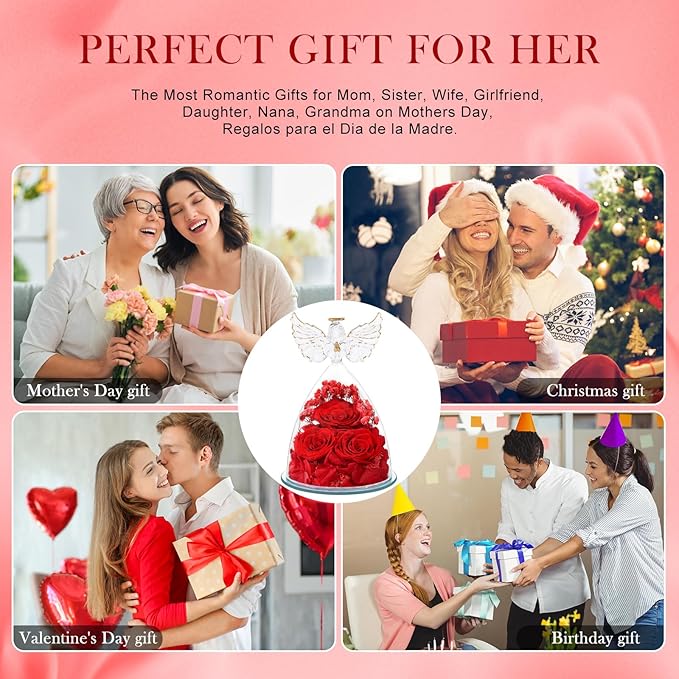 FIACO Valentines Day Gifts for Her Women, Preserved Flowers Forever Eternal Fresh Rose in Glass Angel Figurines Flowers for Delivery Red Roses for Grandma Mom Sister Wife Girlfriend Mother Birthday - Bloomnest