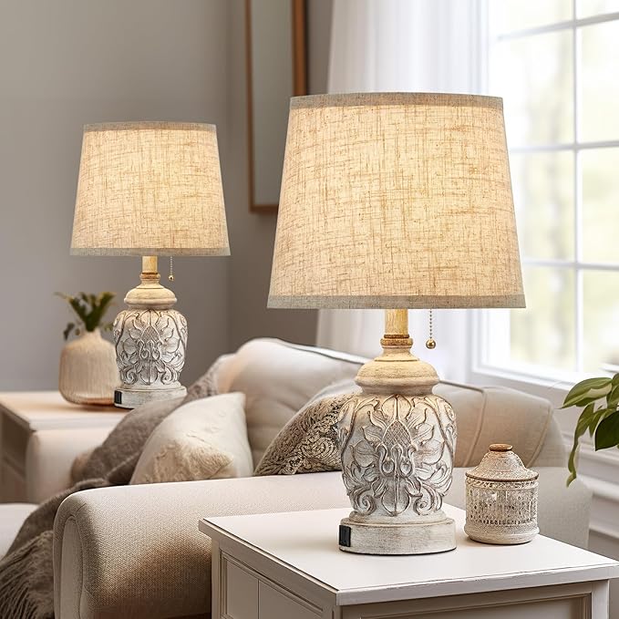 19.5" Vintage Rustic Table Lamp Set of 2 Farmhouse Table Lamps for Living Room Bedroom Decor with USB Ports Traditional Carved Floral White Bedside Night Light Lamps with Pull Chain Switch - Bloomnest