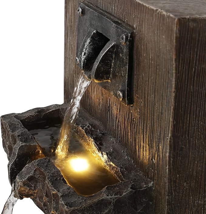 Alpine Corporation ZDQ108 Indoor/Outdoor Floor 3-Tier Fountain with LED Lights, Cascading Garden Water Fountain, 20" H, Brown - Bloomnest