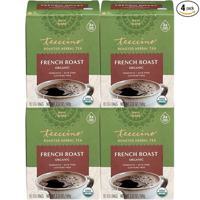 Teeccino French Roast Herbal Tea - Rich & Roasted Herbal Tea That’s Caffeine Free & Prebiotic for Natural Energy, Coffee Alternative, 10 Tea Bags (Pack of 4) - Bloomnest