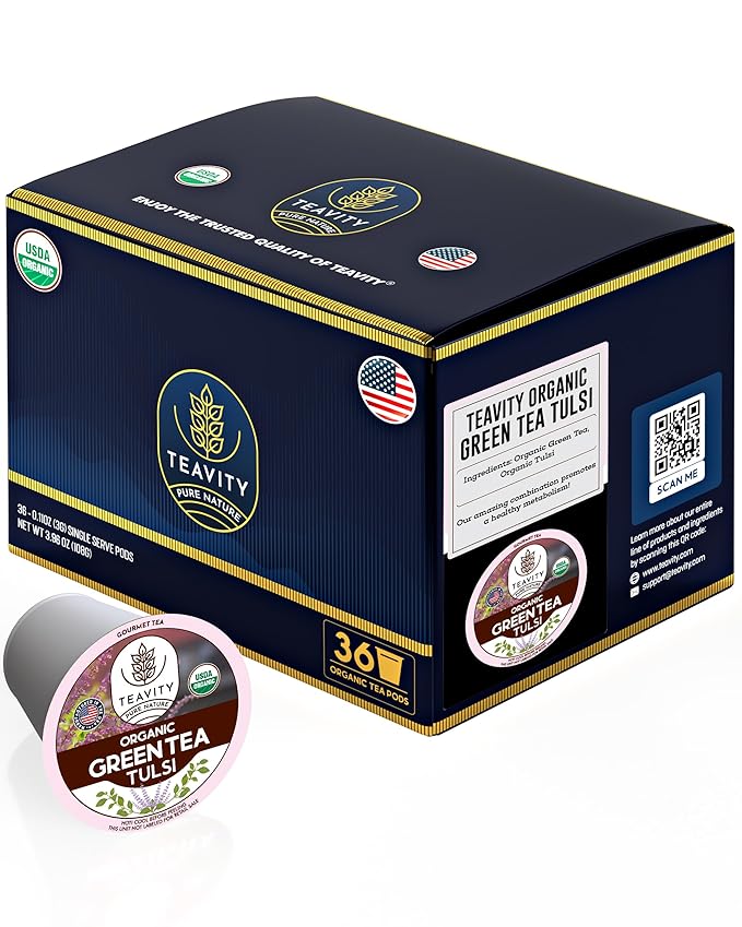 Organic Tulsi Tea Pods with Unsweetened Caffeinated Green Tea Pods for Keurig - Tulsi Green Tea by Teavity (36 Tea Pods) - Bloomnest