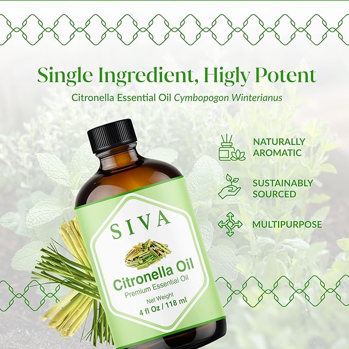 Siva Citronella Essential Oil - 4 Fl Oz – 100% Natural Citronella Oil - for Diffuser, Face, Skin Care, Aromatherapy, Hair Care, Scalp and Body Massage - with Dropper - Bloomnest