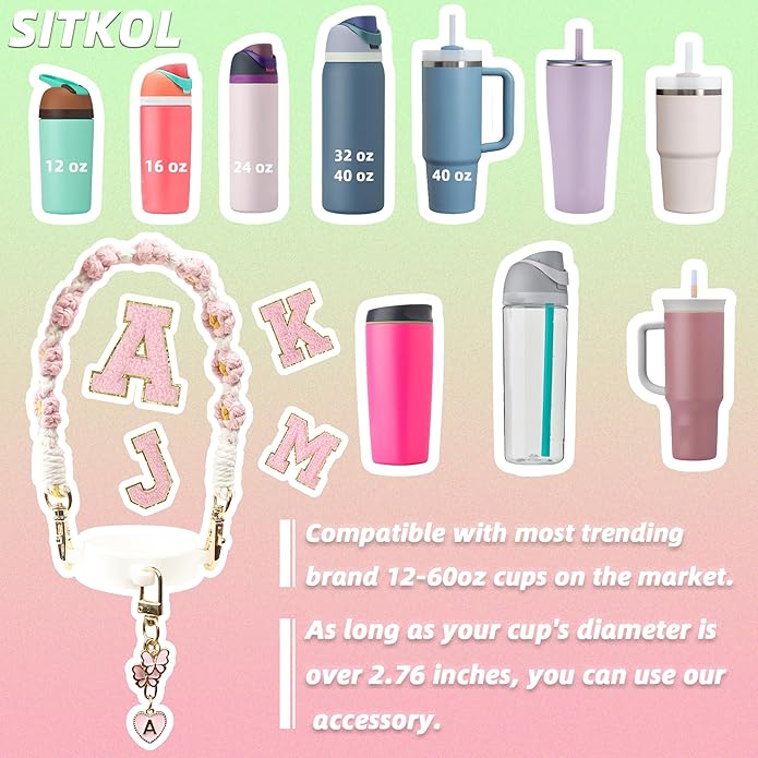 Compatible with Owala Water Bottle Accessories, Cute Letter Charm Set with Boho Handle Strap, Monogram Sticker, Silicone Ring, Keychain Decoration, for FreeSip 24 32 40oz, Owala Kids, Tumbler Gift SITKOL