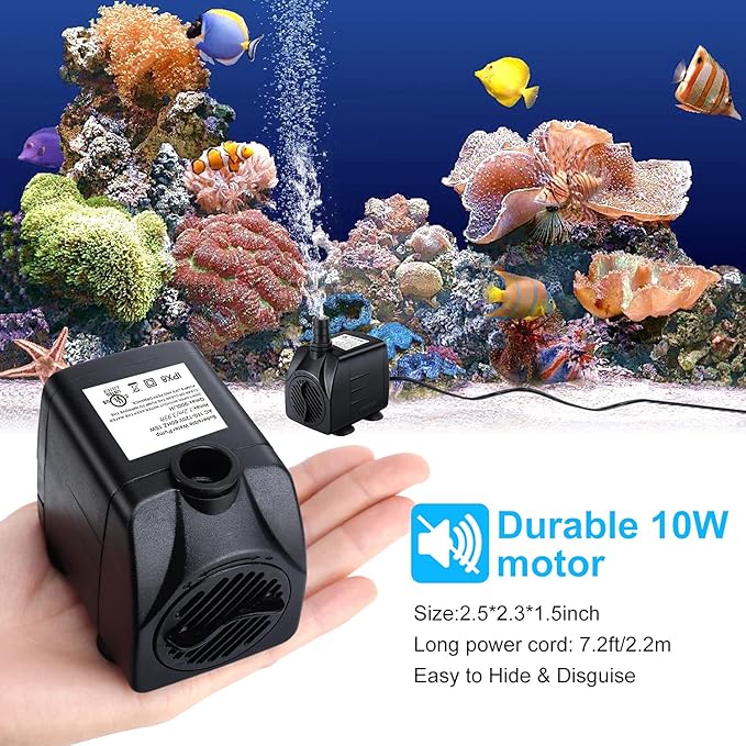 Fountain Pump, 2 Packs 160GPH(10W 600L/H) Submersible Water Pump, Durable Outdoor Fountain Water Pump with 7.2ft（2.2m）Power Cord, 3 Nozzles for Aquarium, Pond, Fish Tank, Water Fountain Pump - Bloomnest