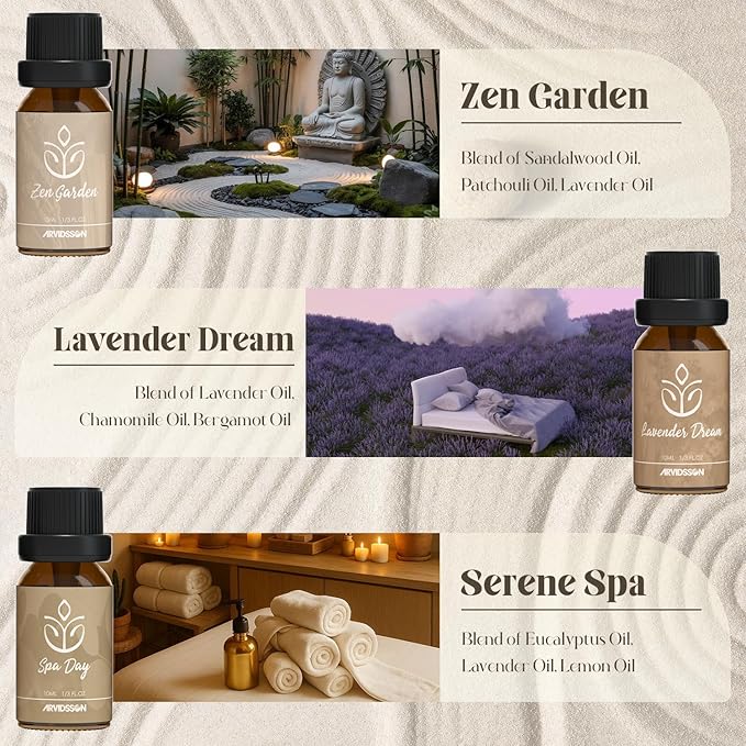 ARVIDSSON Zen Essential Oils Set, Nautal Tranquil Essential Oil for Diffusers for Home - Zen Garden, Lavender Dream, Serene Spa, Citrus Mint, Tranquil Wood, Herbal Chill, Gift for Women - Bloomnest