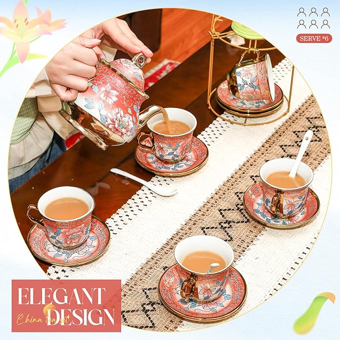 20 Pcs Porcelain Tea Set for Adults with Metal Holder and Spoon European Ceramic Tea Party Set Flower Painting Teapot Cup Saucer for Christmas Women Gifts, Serving 6 People(Attractive) - Bloomnest