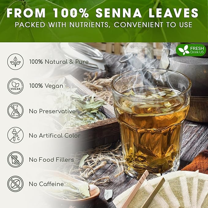 FreshDrinkUS, Premium 135 Senna Leaf Tea Bags for Constipation, Supports Your Cardiovascular System, 100% Natural & Pure. Loose Leaf Senna Herbal Tea, Made with Natural Material Tea Bags. Non GMO, No Sugar/ Caffeine/ Gluten, Vegan. - Bloomnest