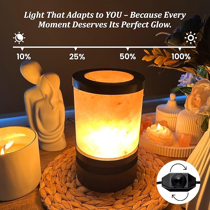 POHS Himalayan Pink Salt Round Lamp with Premium Brown Polished Wooden Base, 60'' Long Dimmer Switch Cord and Two Light Bulbs; Hand Crafted,for Home, Office and Gift for Christmas