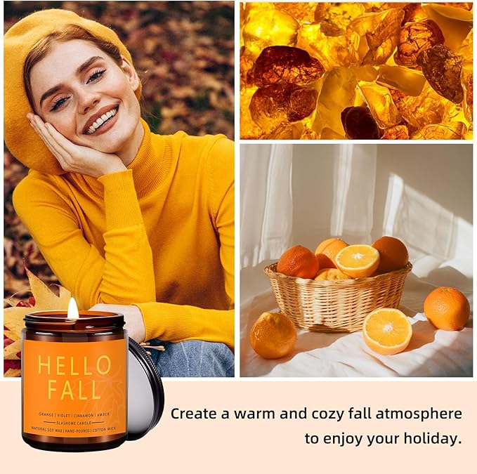 Fall Scented Candles Hello Fall 7oz – Warm Pumpkin Spice & Sweet Apple Soy Wax Candle for Cozy Autumn Home Décor, Perfect Fall Gift, 50 Hour Long Burn - Bloomnest