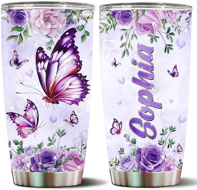 Personalized Purple Butterfly Coffee Mugs For Girls Mom Women Adults Butterflies Lovers Water Bottle Travel Mug Mothers Day Birthday Christmas Valentine 20oz Stainless Steel Cup With Lid - Bloomnest