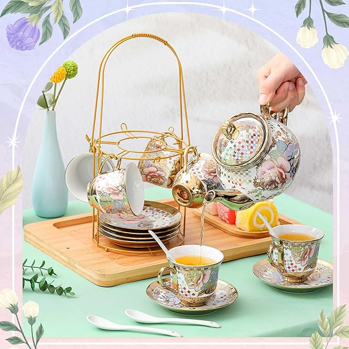Zhehao 20 Pcs Porcelain Tea Set with Metal Holder and Spoon Adult Ceramic Tea Set European Flower Painting Teapot Cup Saucer Spoon for Women, Large Version(Rustic Style) - Bloomnest