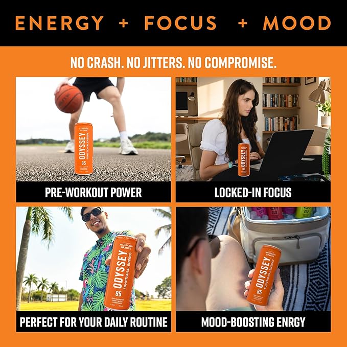 Odyssey Functional Energy Drink for Focus, Cognition & Mood Support 12 Pack - Adaptogenic Drink with 85mg Green Tea Caffeine, Lion’s Mane, Cordyceps, L-Theanine & Ginseng, Sparkling Orange - Bloomnest