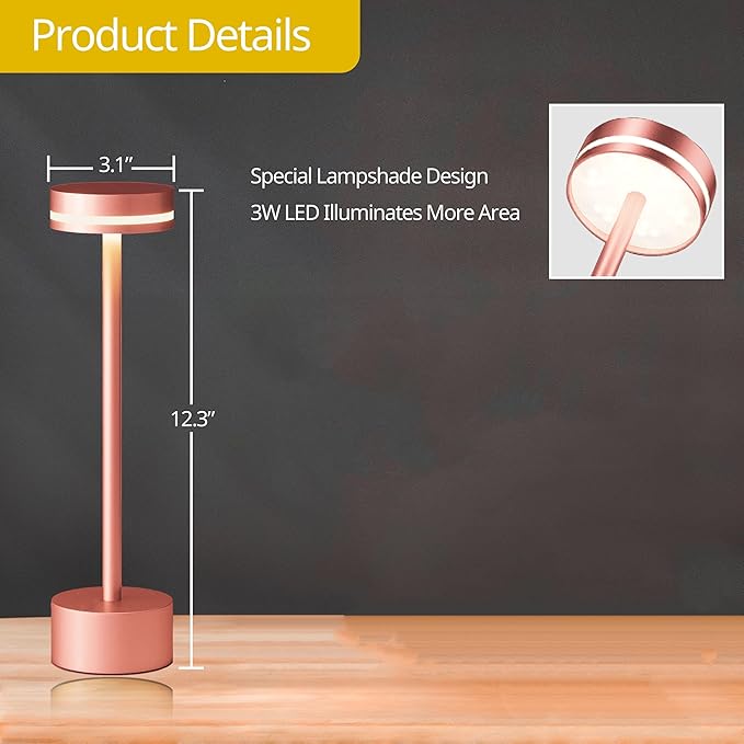 Portable Rechargeable Bedside Lamp with Touch Stepless Dimming, Cordless Table Lamp Ideal for All Indoor & Outdoor Settings, Home, Bedroom, Hotel, Restaurant, Bar, Outdoor, 1 Pack (Rose Gold) - Bloomnest