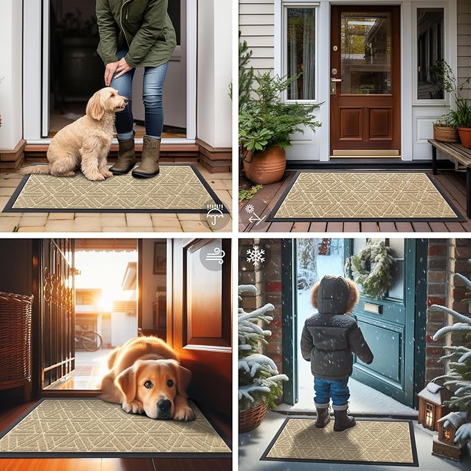 Smiry Front Door Mat Outside Entrance, Heavy Duty Sturdy Natural Rubber Doormat, Trap Dirt and Moisture, Easy Clean Low Profile Mats for Indoor Outdoor Entry, Grid Geometric (29.5x17, Beige) - Bloomnest