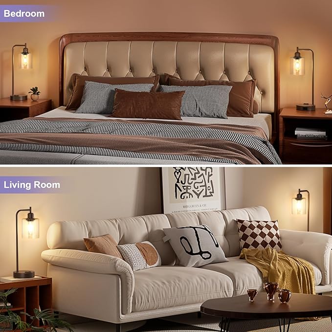 Innqoo Industrial Touch Table Lamps - 3-Way Dimmable Desk Lamps Set of 2 with USB C+A Ports and Outlet, Brown Bedside Lamps with Clear Glass Shade for Living & Bedrooms - Bloomnest