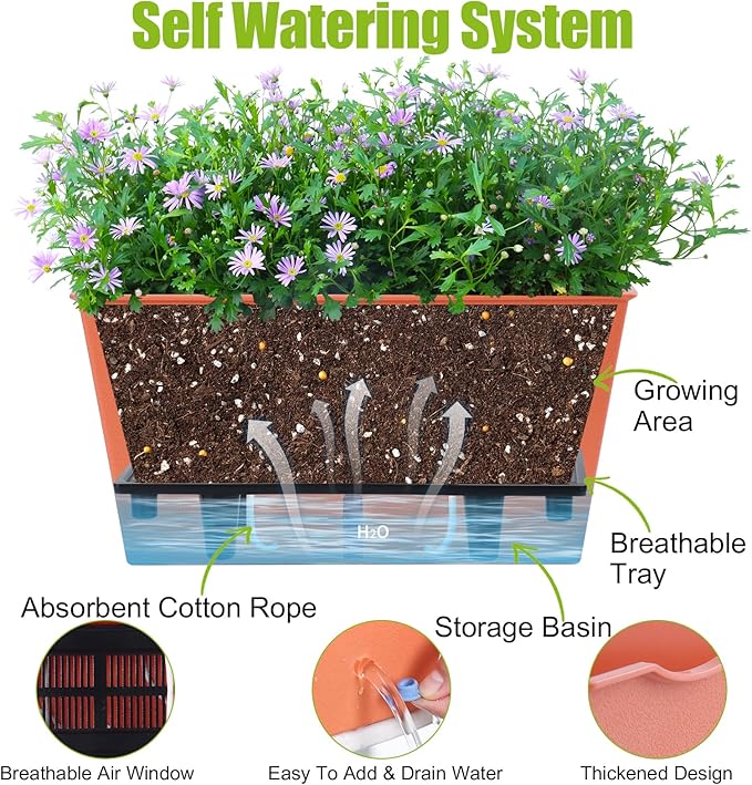 Window Box Planter 6 Pcs, 12.6 Inches Self Watering Rectangle Flower Plant Pots with Drainage Holes & Breathable Trays, Vegetable Planters for Windowsill Patio Garden Balcony Porch Yard (Orange) - Bloomnest