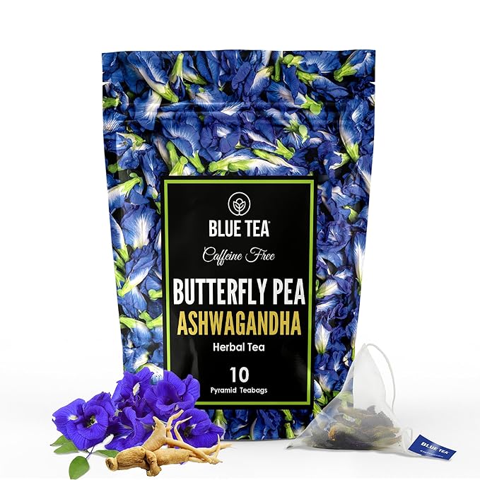 BLUE TEA - Butterfly Pea Flower Tea - Ashwagandha - 10 Count - Pyramid Plant Based Tea Bag | ANTIOXIDANT RICH | Caffeine Free - Flower Based - Herbal Tea - Non Bitter | Zipper Pack - Bloomnest