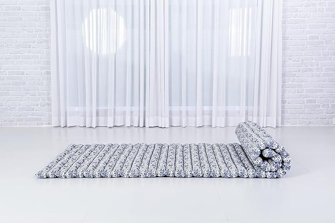 Leewadee - Foldable Floor Mattress - Japanese Roll Up Futon -Trifold Tatami Mat- Guest Floor Bed - Camping Mattress - Thai Massage Mat, Kapok Filled, 75 x 28 inches, Blue White - Bloomnest
