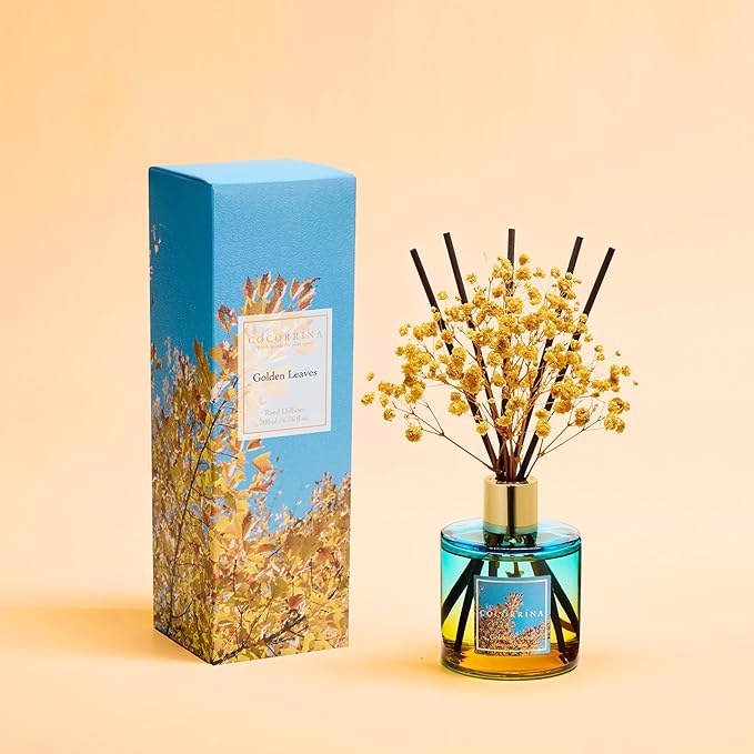COCORRÍNA Reed Diffuser - Golden Leaves Reed Diffuser Set with 8 Sticks & Preserved Baby's Breath, Reed Diffuser for Home Bathroom Shelf Decor - Bloomnest