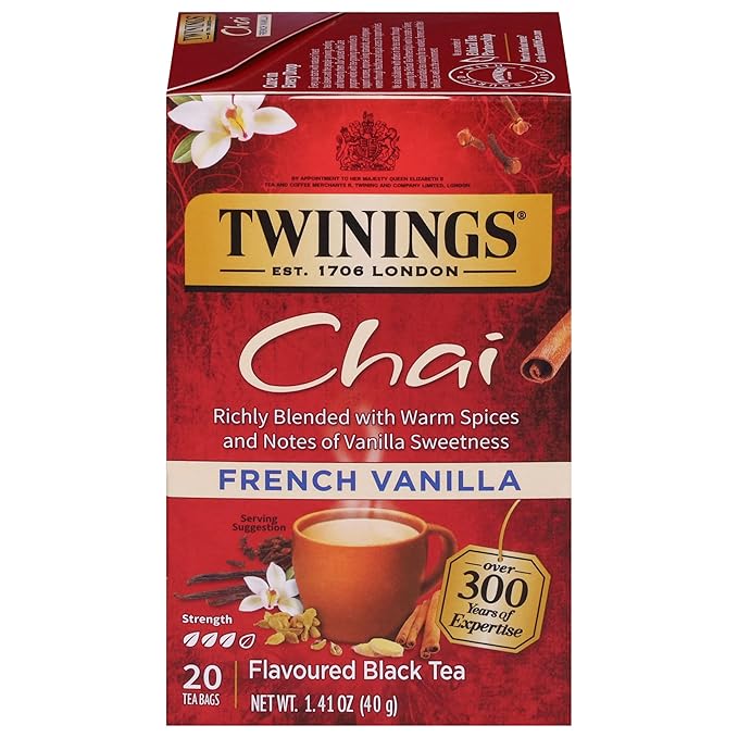 Twinings French Vanilla Chai Black Tea Individually Wrapped Bags, 20 Count (Pack of 1), Warm, Sweet & Spicy, Caffeinated, Enjoy Hot or Iced, 20 Teabags - Bloomnest