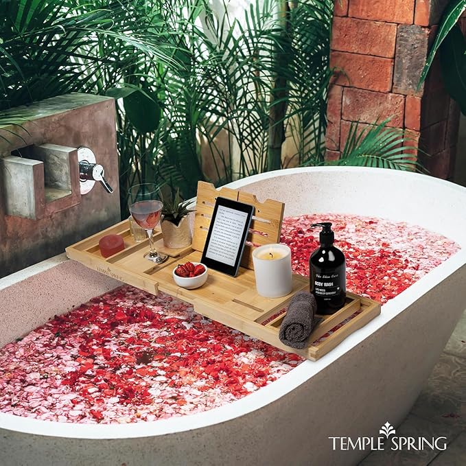 Temple Spring Foldable Bathtub Tray, Unique Design Selfcare Bathroom Caddy, Bamboo Spa Bathroom Tray, Wooden Bathtub Accessories, Wedding Gift/Birthday Gift/New Home Bath Table - Bloomnest