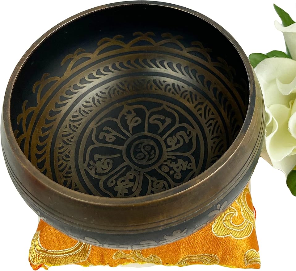 3392 SB Tibetan Auspicious Symbol Singing Bowl Set ~ Mallet Cushion Meditation Chakra Healing Prayer Yoga Mindfulness (SB-3392-E) - Bloomnest