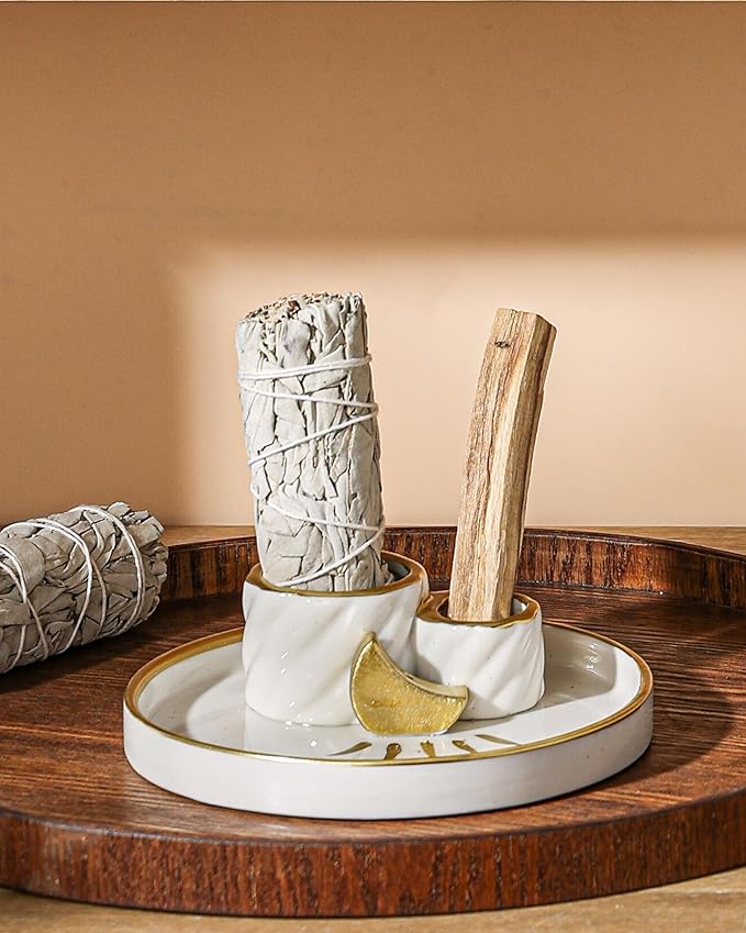 Ceramic Incense Holder Burner, Sage Holder for Burning, Palo Santo Sticks Holder, 5.51" Ash Catch Tray, Smudge Dish for Meditation Yoga, Modern Home Decor Gift - Bloomnest