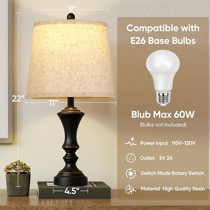 Retro Table Lamps Set of 2, Nightstand Lamp for Bedroom Vintage Rustic Table Lamps for Living Room Traditional Nightstand Bedside Lamps 22" (Black) Bulb NOT Included - Bloomnest