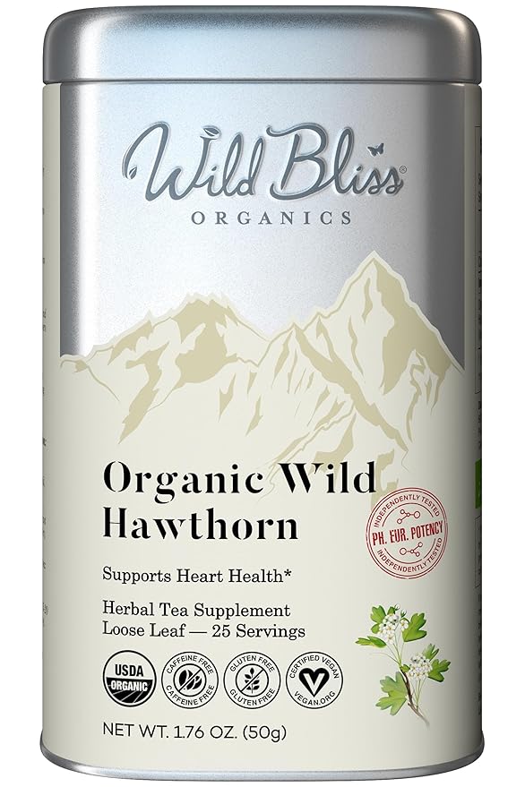 Wild Bliss Organic Hawthorn Loose Leaf and Flower Tea - Caffeine Free Heart Health Herbal Support - 1.76 Oz - 25 Servings - Bloomnest