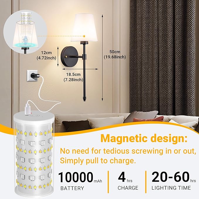 Battery Operated Wall Sconce: Peel and Stick Adhesives Stick On Non Drill Wall Light, Rechargeable Wireless Wall Lamp with Battery Corn Bulb for Bedroom Wall Decor - Bloomnest