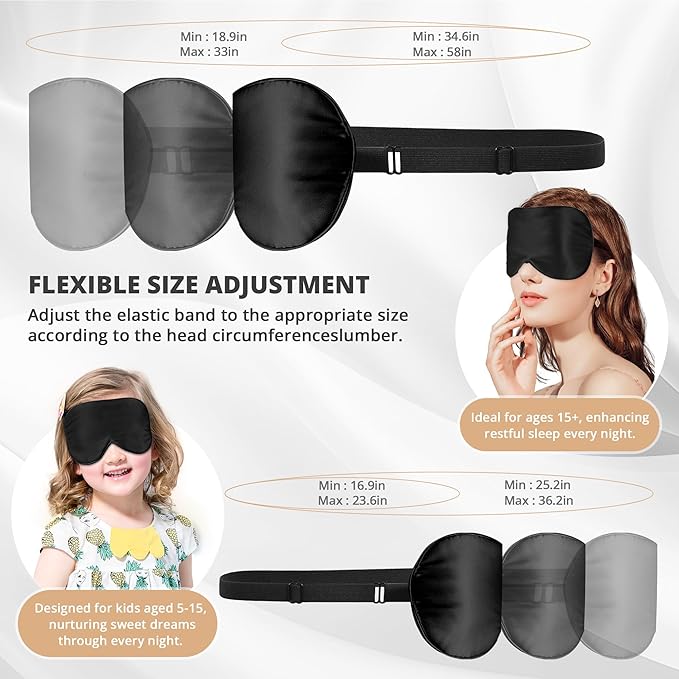 Silk Sleep Mask Eye Cover, 100% Real Natural Silk Eye Mask for Sleeping with Adjustable Strap, 100% Silk Filling Blindfold, Eye Shade for Kids/Teens/Adults, Sleeping Masks for Family (2 Black) - Bloomnest