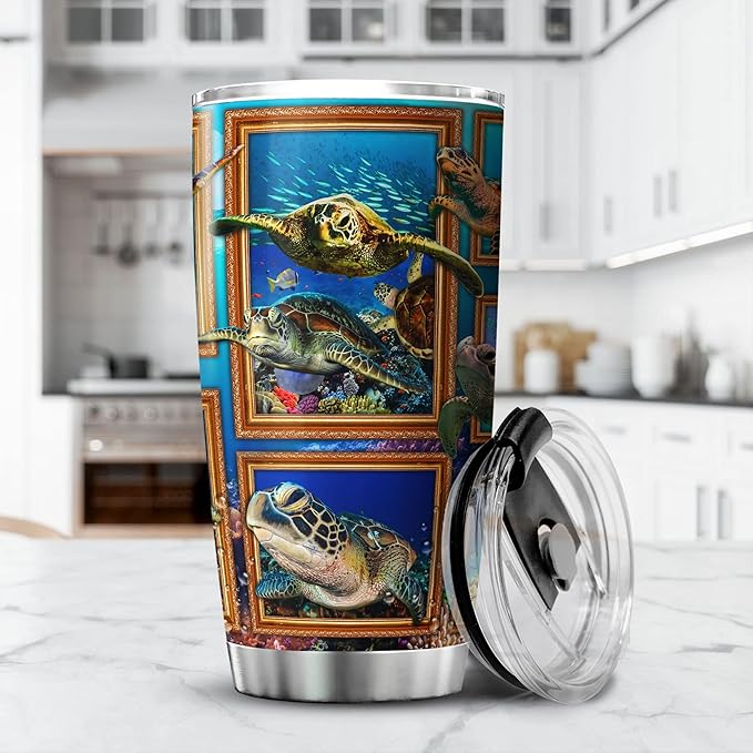 Sea Turtle Tumbler With Lid 20oz Insulated Coffee Cup Gifts For Women Who Love Turtles Sea Animal Ocean Themed Birthday Stainless Steel Travel Mug Cute Turtle Items - Bloomnest