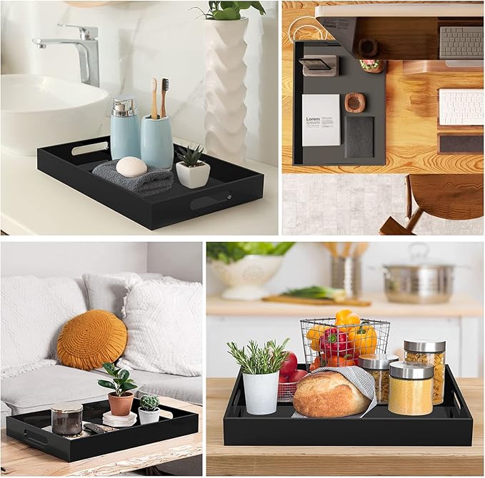 Acrylic Serving Trays with Handles, 16"x 12" Rectangle Sturdy Breakfast Tray, Black Decorative Trays Organiser for Bedroom, Kitchen, Living Room, Bathroom, Hospital and Outdoors - Bloomnest