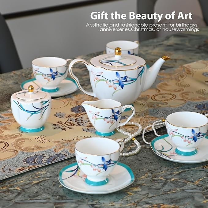ACMLIFE Tea Cups and Saucers for 1, Bone China Teacup Set for Adults with Gold Trim and Gift Box, Blue and White Chinese English British Wedding Tea Set for One Coffee Cup Set 6.8 oz (Blue-Bamboo) - Bloomnest