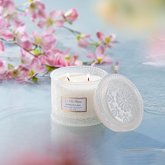 LA JOLIE MUSE Jasmin du Lotus Candle - Ivy, Jasmine, Cedarwood | 12 oz Large 2-Wick Soy Wax Candle | 60 Hours Clean Burn | Floral Scented Candle | Gift-Ready for Hosts & Gatherings - Bloomnest
