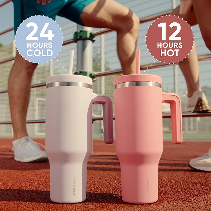 Hydrapeak Voyager 40 Oz Stainless Steel Tumbler with Handle, Insulated Water Bottle With Straw & Lid, Cupholder Friendly Reusable Travel Mug (Blush) - Bloomnest