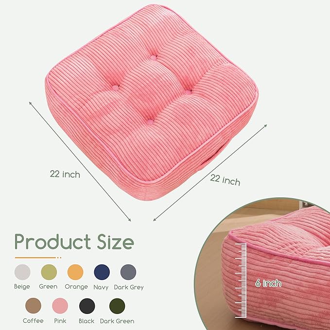 6" Washable Floor Pillow Cushion for Adults, Meditation Cushion Pillow, Large Square Floor Sitting, Removable Tufted Corduroy Cover, for Tatami Living Room or Yoga, 22x22 Inch, 2Pack, Machine Washable - Bloomnest