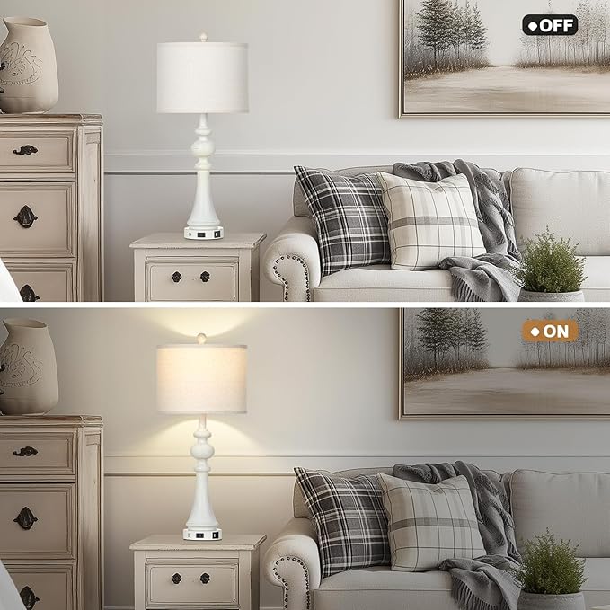 28" Farmhouse Lamps Set of 2, Vintage 3-Way Dimmable Touch Control Table Lamps with USB A+C Fast Ports & AC Outlets, Rustic Traditional Classic Bedside Nightstand Lamps for Living Room Bedroom White - Bloomnest