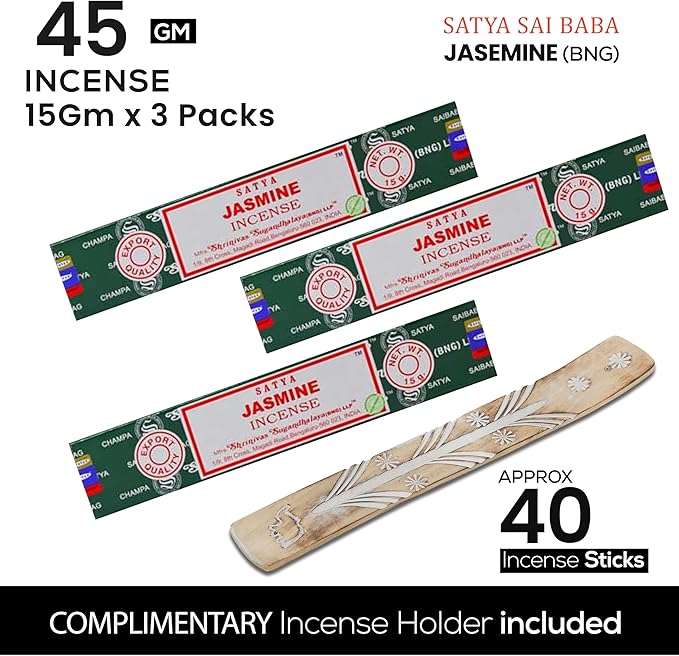 Satya Nagchampa Jasmine Incense Sticks, Satya Bng (Bangalore) Insenses 15gmx3 Pack (45 GMS) with Raajsee Incense Holder Bundle, Satya Nagchampa Natural Incense - Bloomnest