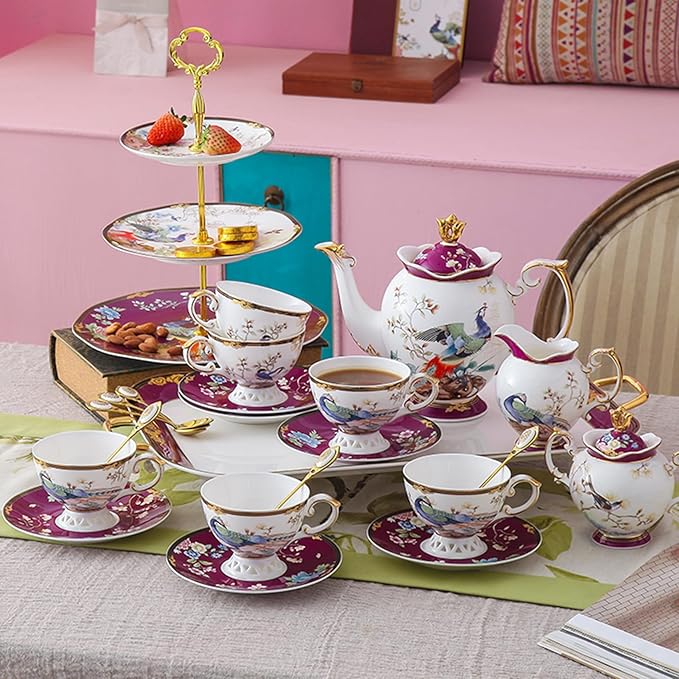 ACMLIFE Fine Bone China Tea Set for Adults with Teapot, Porcelain Tea Sets 21-Piece Vintage Floral English Tea Set for 6, China Tea Sets 24K Gold Bone China Tea Pot and Cups Set Gifts for Women - Bloomnest